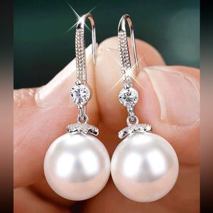 Beautiful Pearl Faux Drop Dangle Cubic Zirconia Bridal, Wedding Silver Earrings